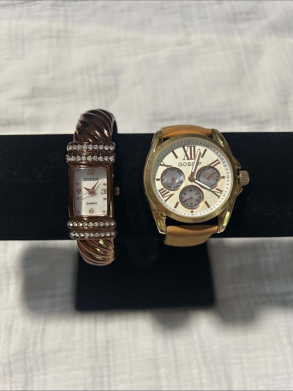 Gossip Chocolate Goldtone Bracelet Watch & Gold Tone Tan Strap Watch. Set of 2